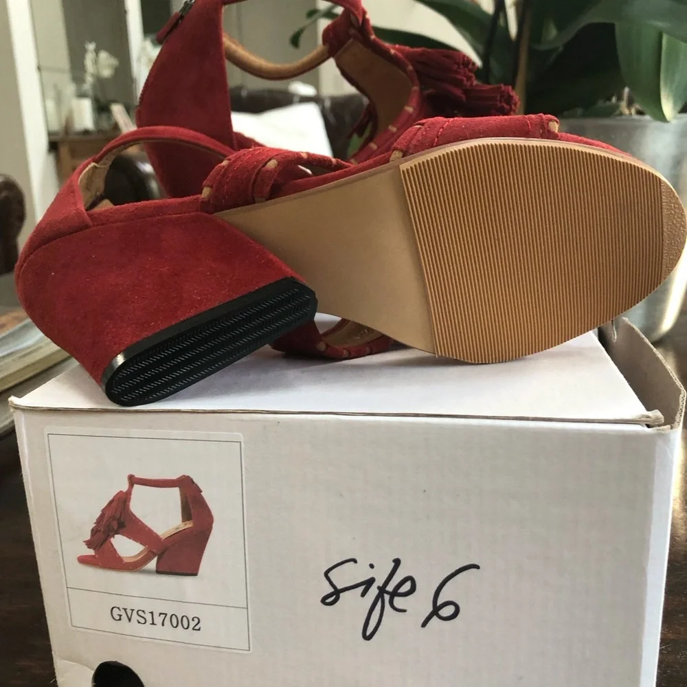 Red Suede Fringe Block Heel Sandals - Women , Grape vine